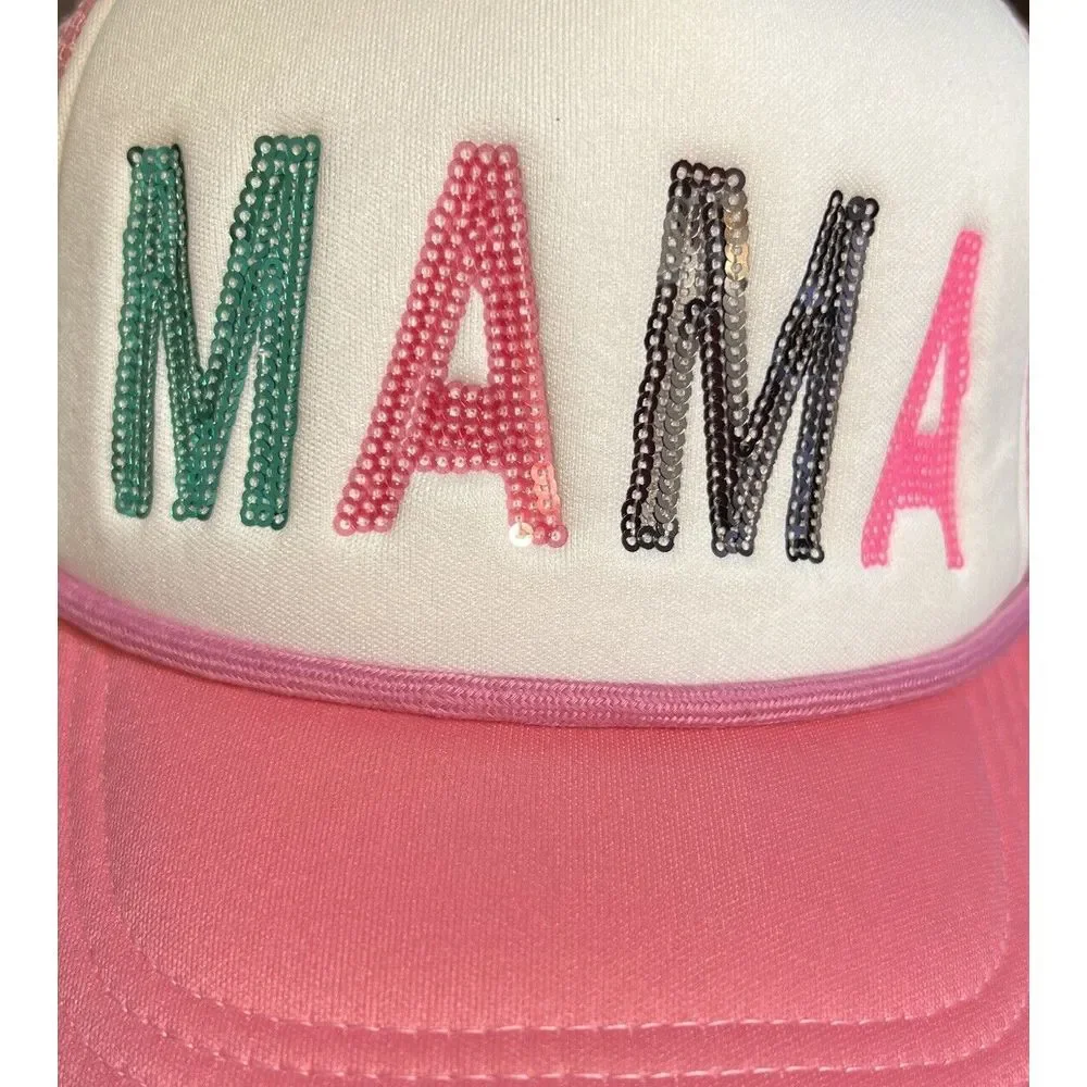 New SIMPLY SOUTHERN Sequin‎ Letter MAMA Bear Trucker Cap Hat Mesh Back Pink